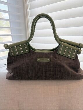 Matt & Nat Olive Green and Brown Studded Braided Handle Tote